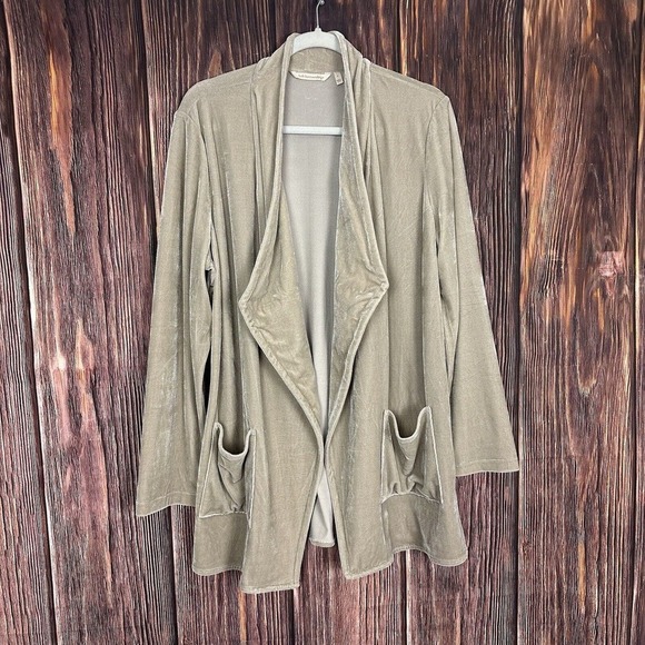 Soft Surroundings Velour Cardigan Blazer Longline Pockets Beige Stretch Sz Large - Picture 1 of 6